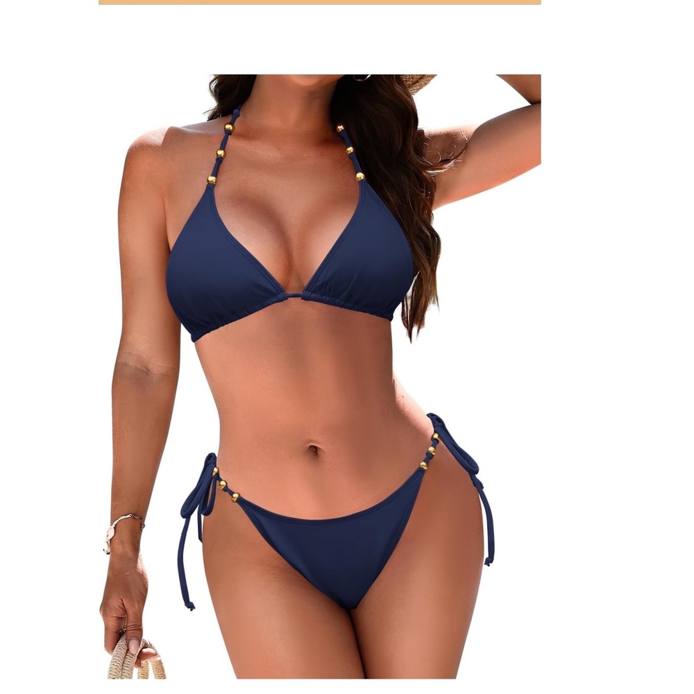 NEW  Triangle Bikini Set Womens L Blue Beaded Halter Side Tie Two Piece swim